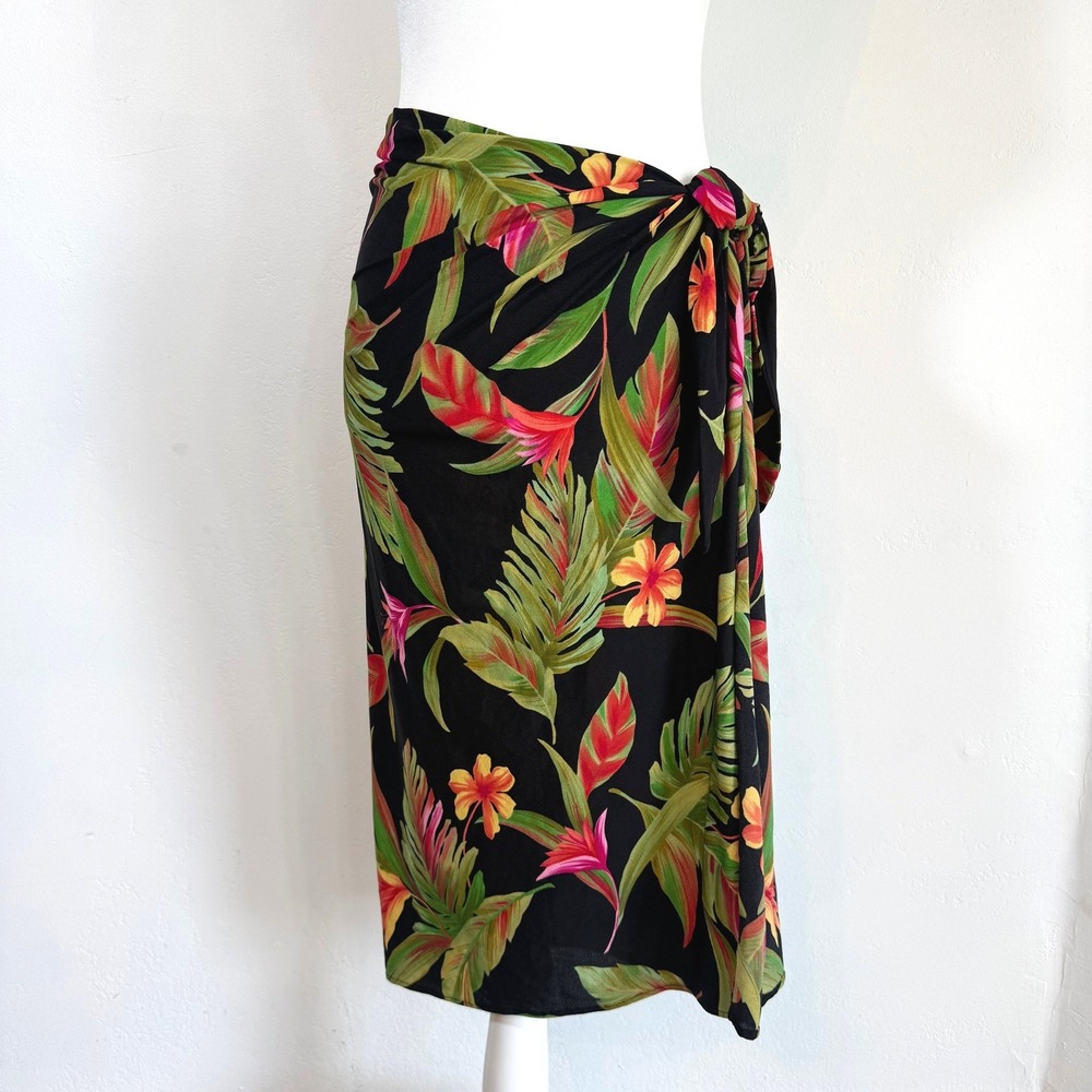 Miraclesuit Sarong Wrap Skirt Black Tropical Floral Resort Beach Swim One Size